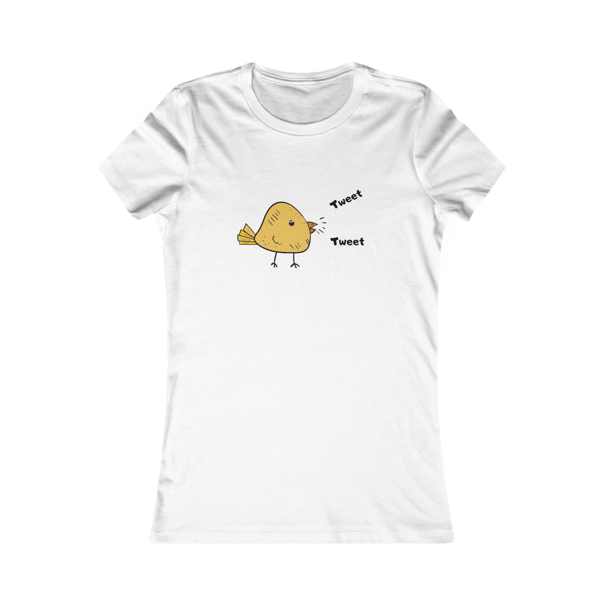 White Printify t-shirt featuring a cute bird graphic shirt design with a yellow bird and tweet text