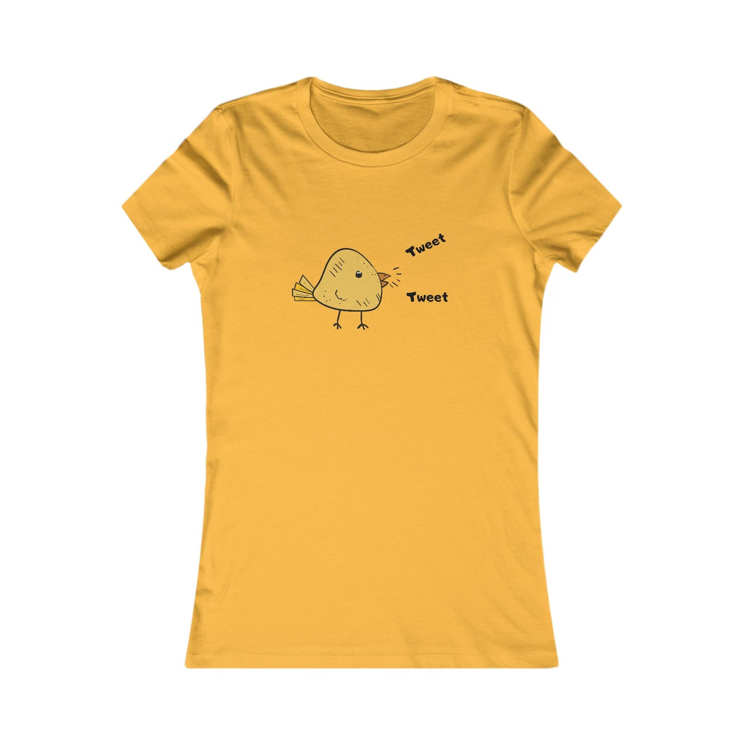 Yellow Printify t-shirt with a cute bird graphic shirt design and tweet text on front