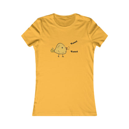 Yellow Printify t-shirt with a cute bird graphic shirt design and tweet text on front