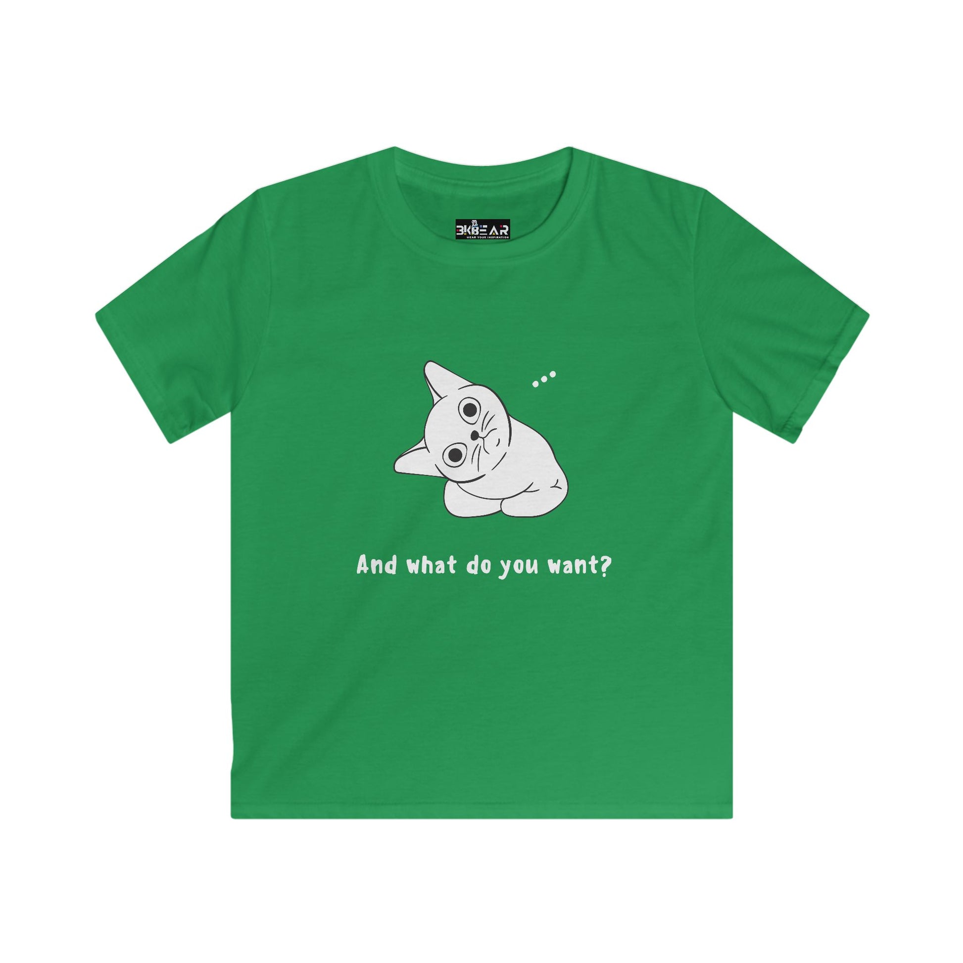 Green kids shirt with vexing cat kids shirt design showing a quirky cat and text on front