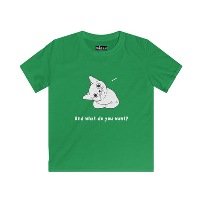 Green kids shirt with vexing cat kids shirt design showing a quirky cat and text on front