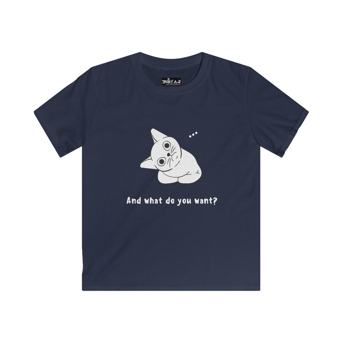 Navy vexing cat kids shirt with cartoon cat and text And what do you want from Printify