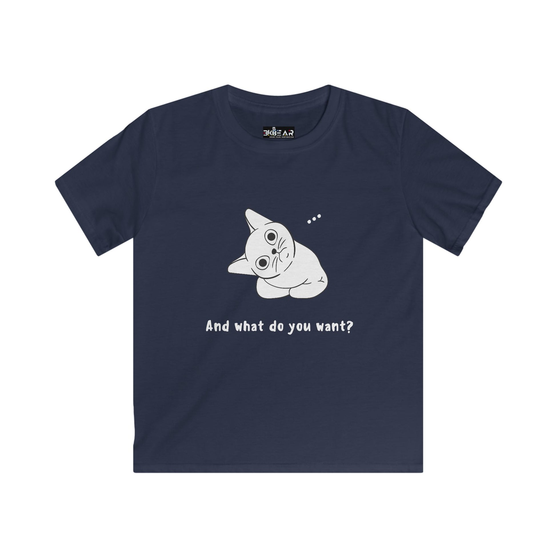 Navy vexing cat kids shirt with cartoon cat and text And what do you want from Printify