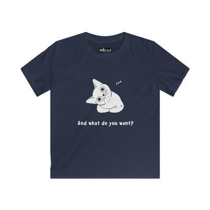 Navy vexing cat kids shirt with cartoon cat and text And what do you want from Printify