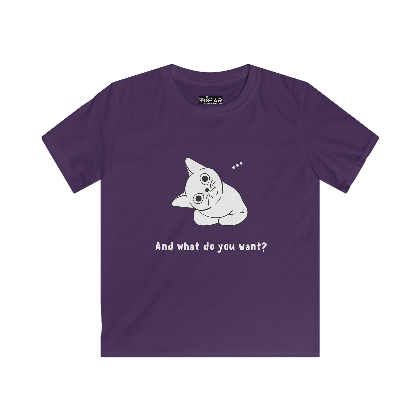 Purple kids shirt with a vexing cat kids shirt design and funny cat graphic saying what do you want