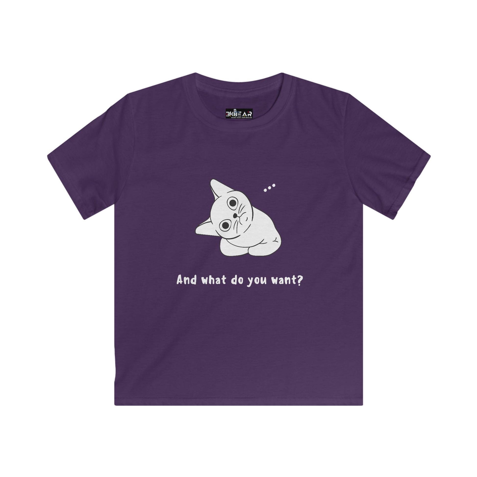Purple kids shirt with a vexing cat kids shirt design and funny cat graphic saying what do you want