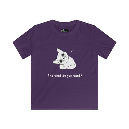Purple kids shirt with a vexing cat kids shirt design and funny cat graphic saying what do you want