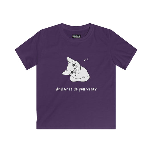Purple kids shirt with a vexing cat kids shirt design and funny cat graphic saying what do you want