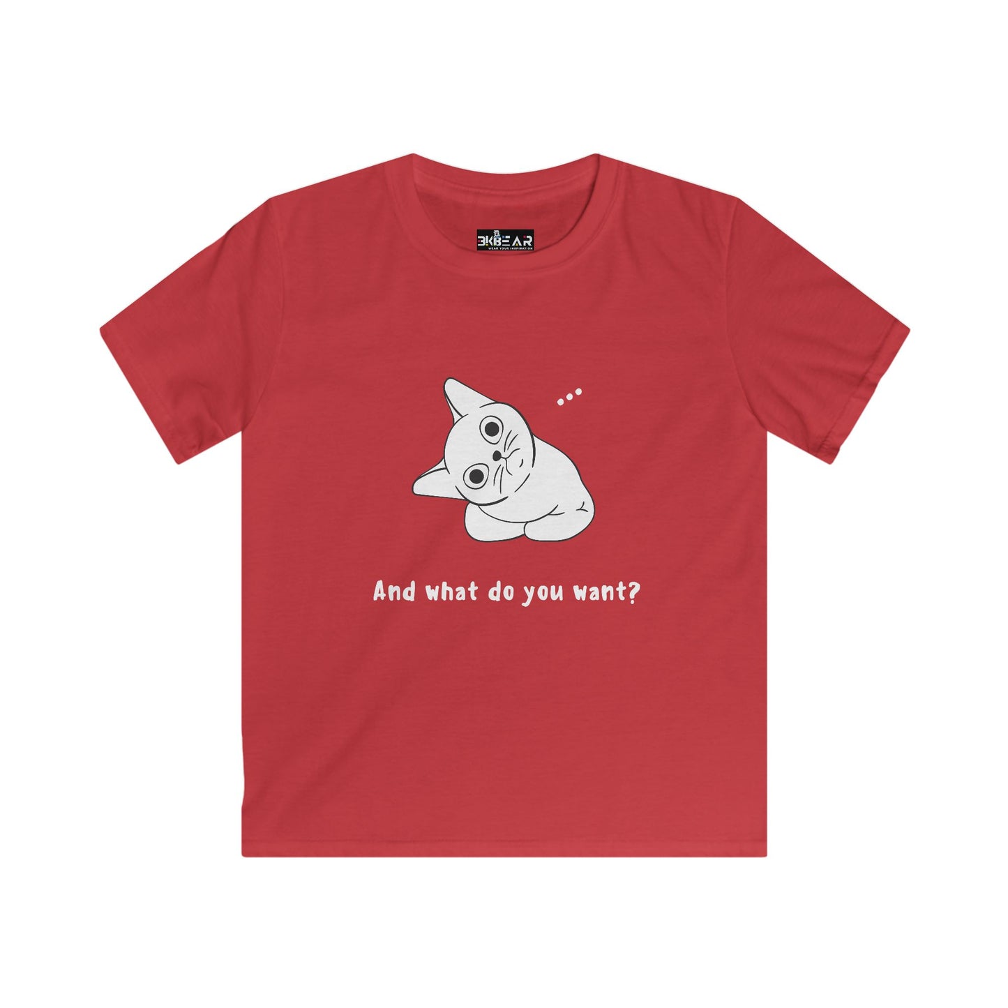 Red vexing cat kids shirt by Printify featuring a cute white cat and text saying and what do you want