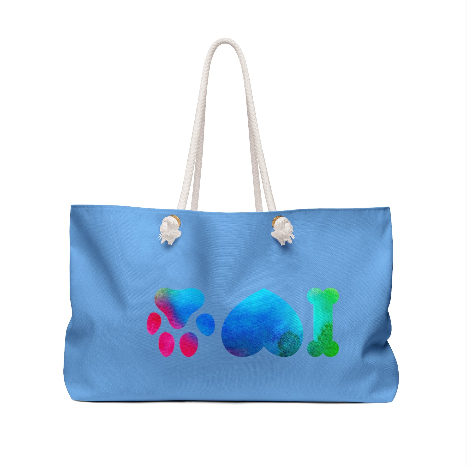 Blue Printify cute animal print weekender bag with paw, heart, and bone design and white rope handles