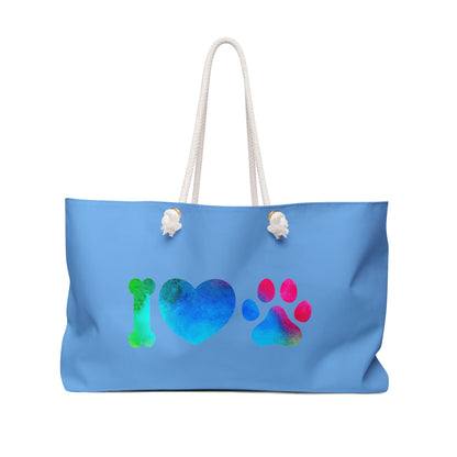 Printify blue cute animal print weekender bag with heart bone and paw designs and white rope handles