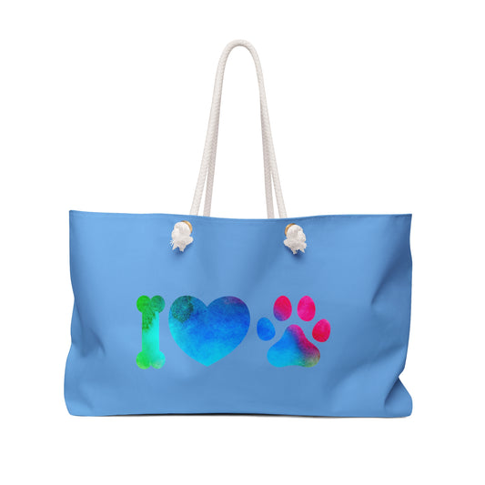 Printify blue cute animal print weekender bag with heart bone and paw designs and white rope handles