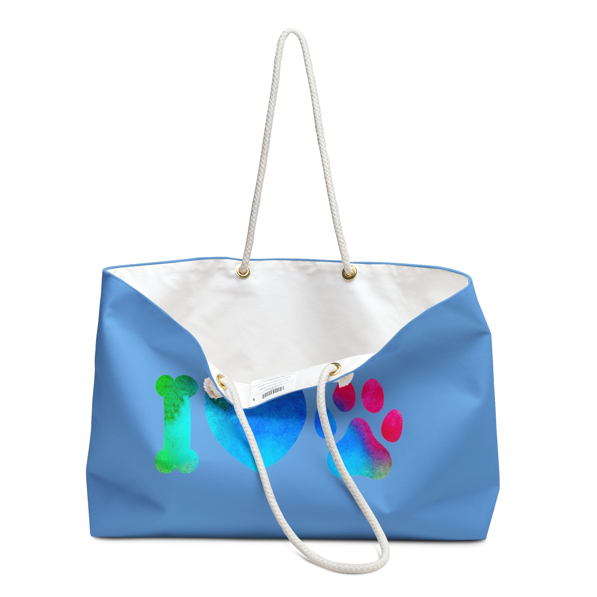 Printify cute animal print weekender bag in blue with colorful paw and bone design and rope handles