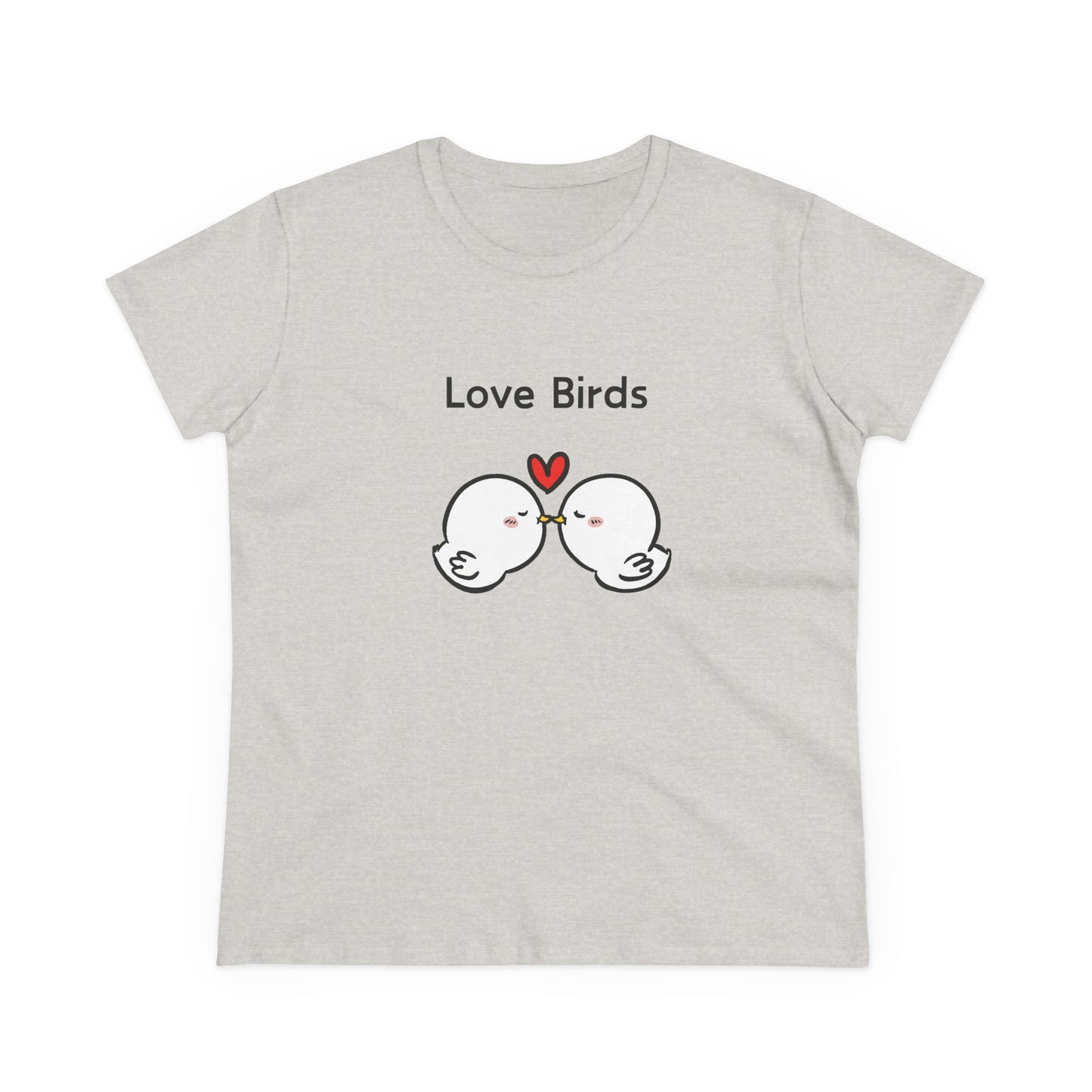 White canary love birds tee women with cute love birds graphic and heart on light gray shirt