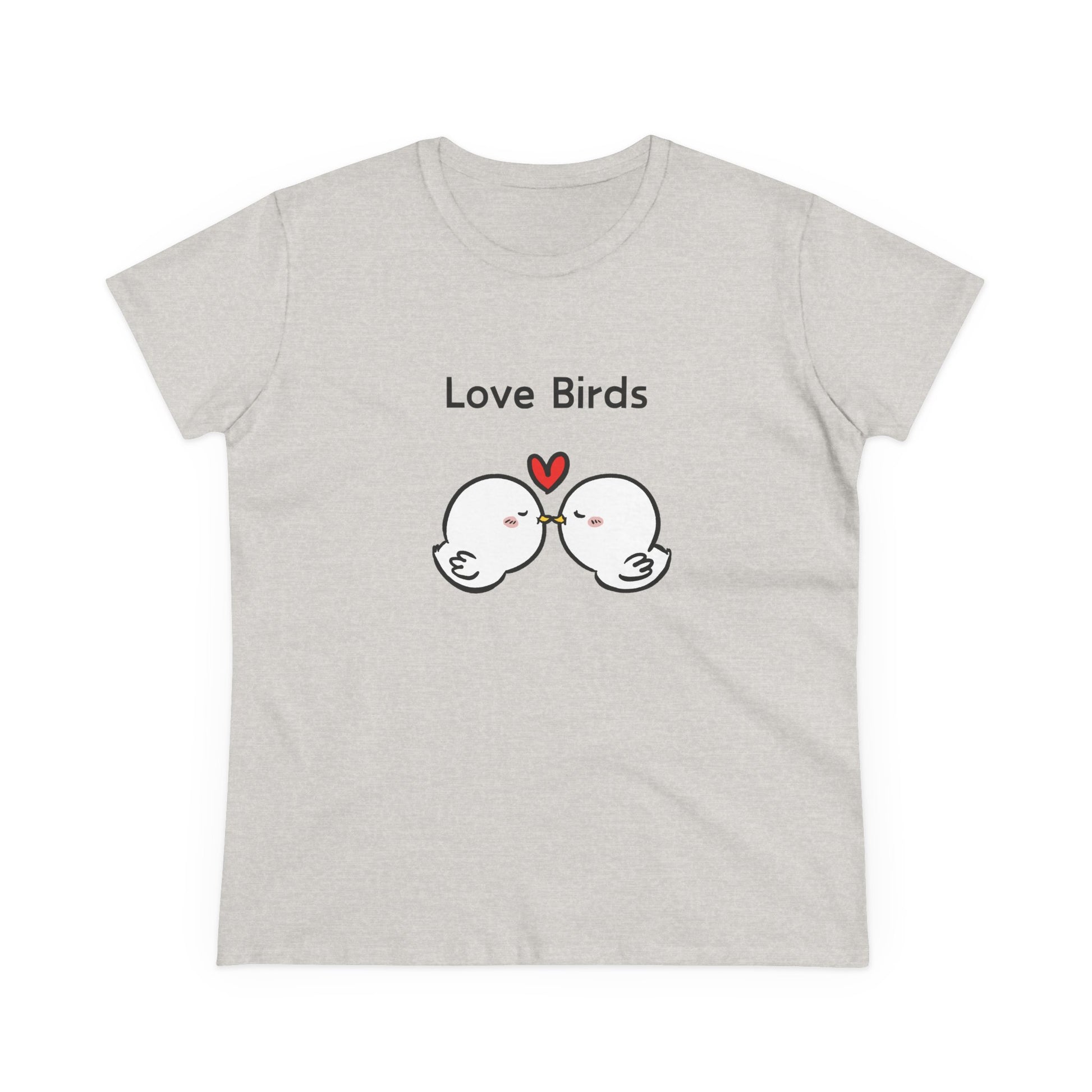 White canary love birds tee women with cute love birds graphic and heart on light gray shirt