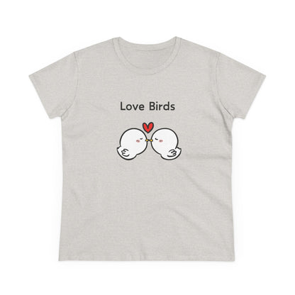 White canary love birds tee women with cute love birds graphic and heart on light gray shirt