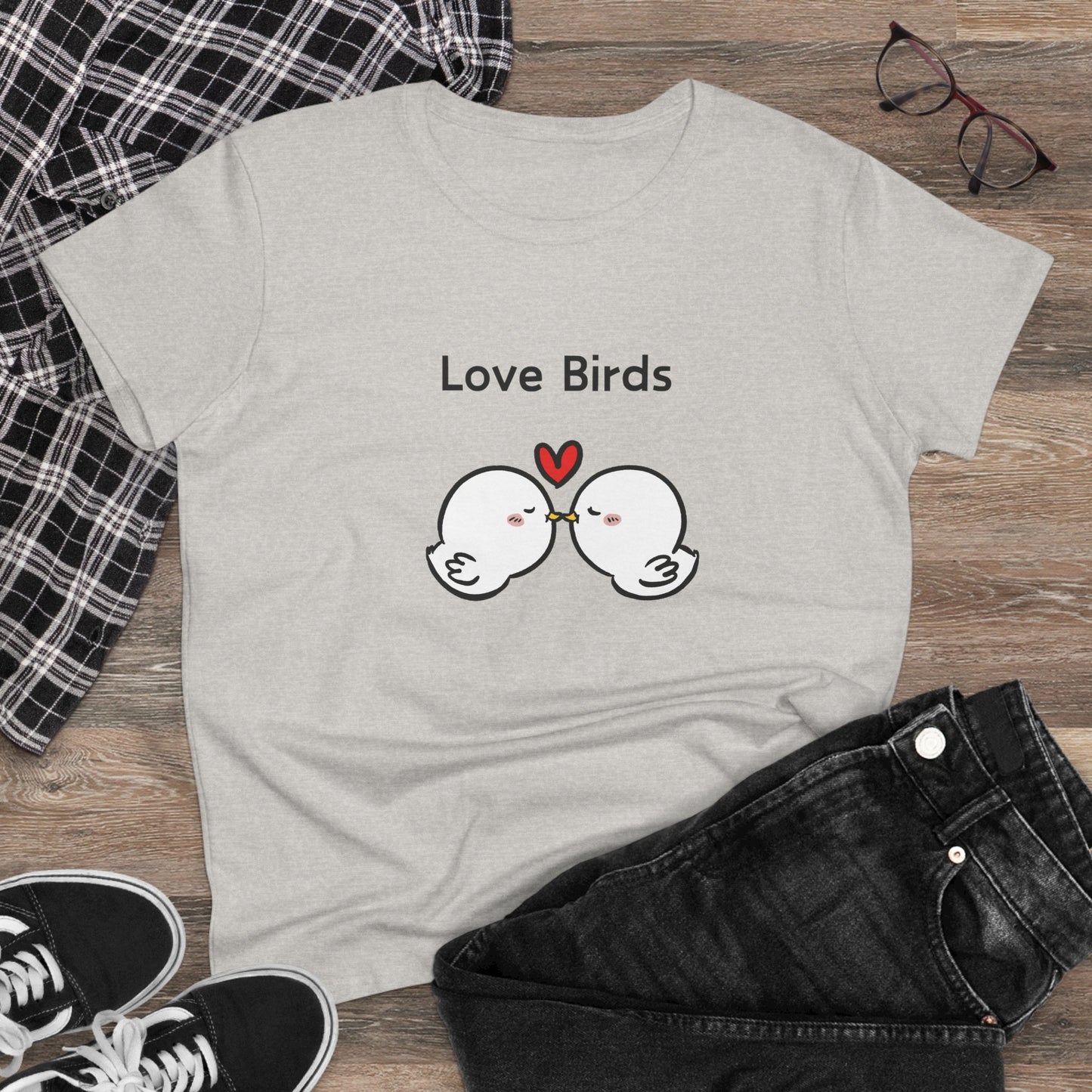 White canary love birds tee women by Printify with cute love birds and heart graphic on light gray shirt