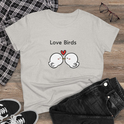 White canary love birds tee women by Printify with cute love birds and heart graphic on light gray shirt