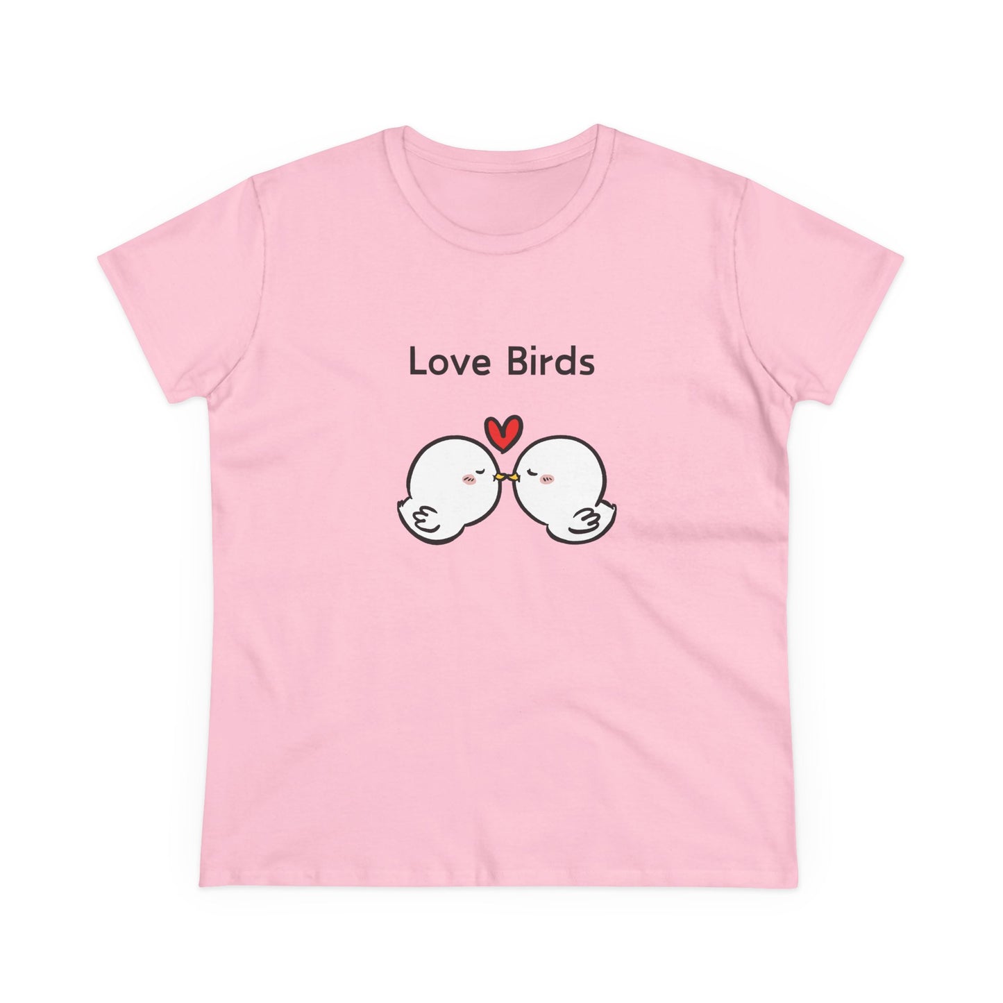 Pink white canary love birds tee women with cute kissing bird graphic and heart design