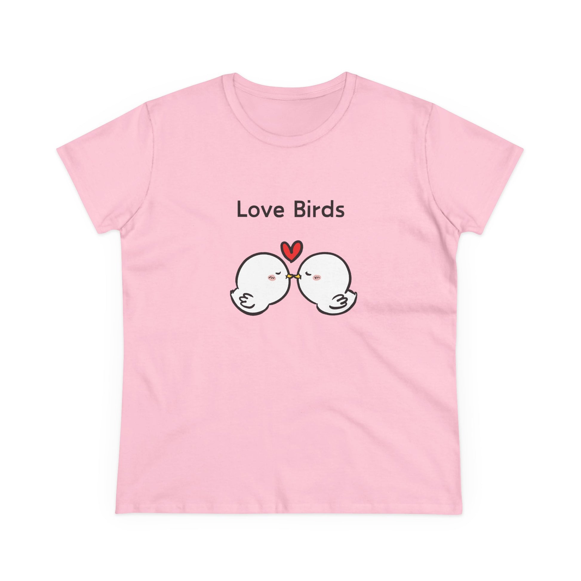 Pink white canary love birds tee women with cute kissing bird graphic and heart design