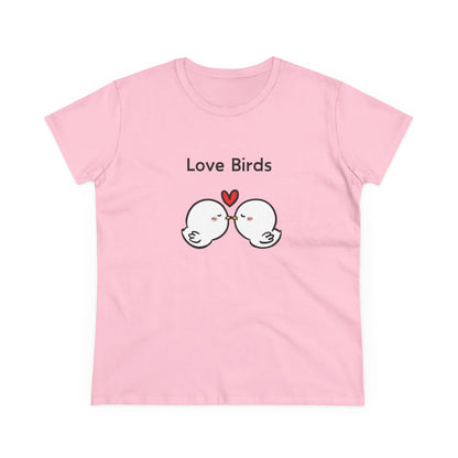 Pink white canary love birds tee women with cute kissing bird graphic and heart design