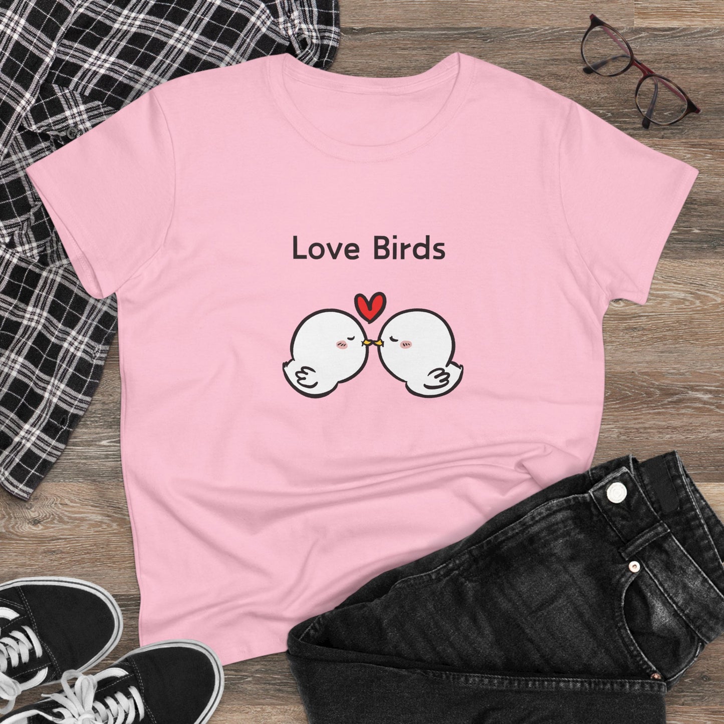 Printed pink white canary love birds tee women with cartoon birds and heart design by Printify