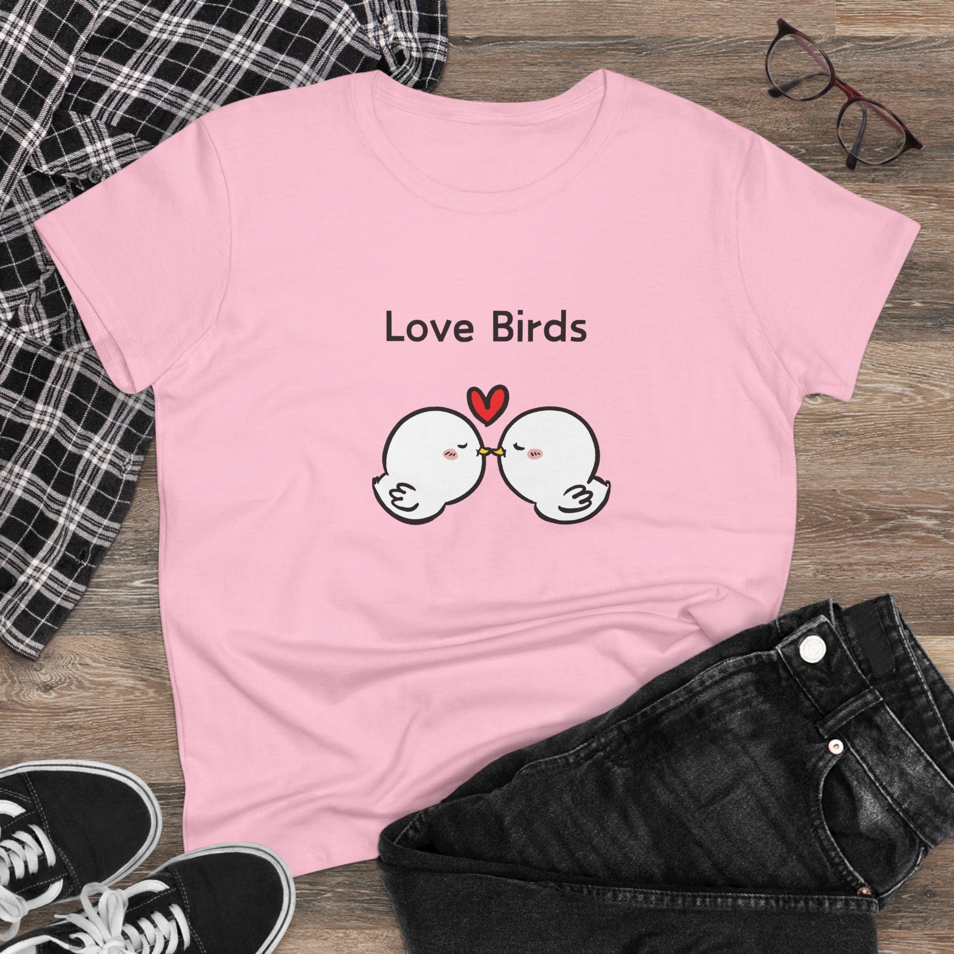 Printed pink white canary love birds tee women with cartoon birds and heart design by Printify