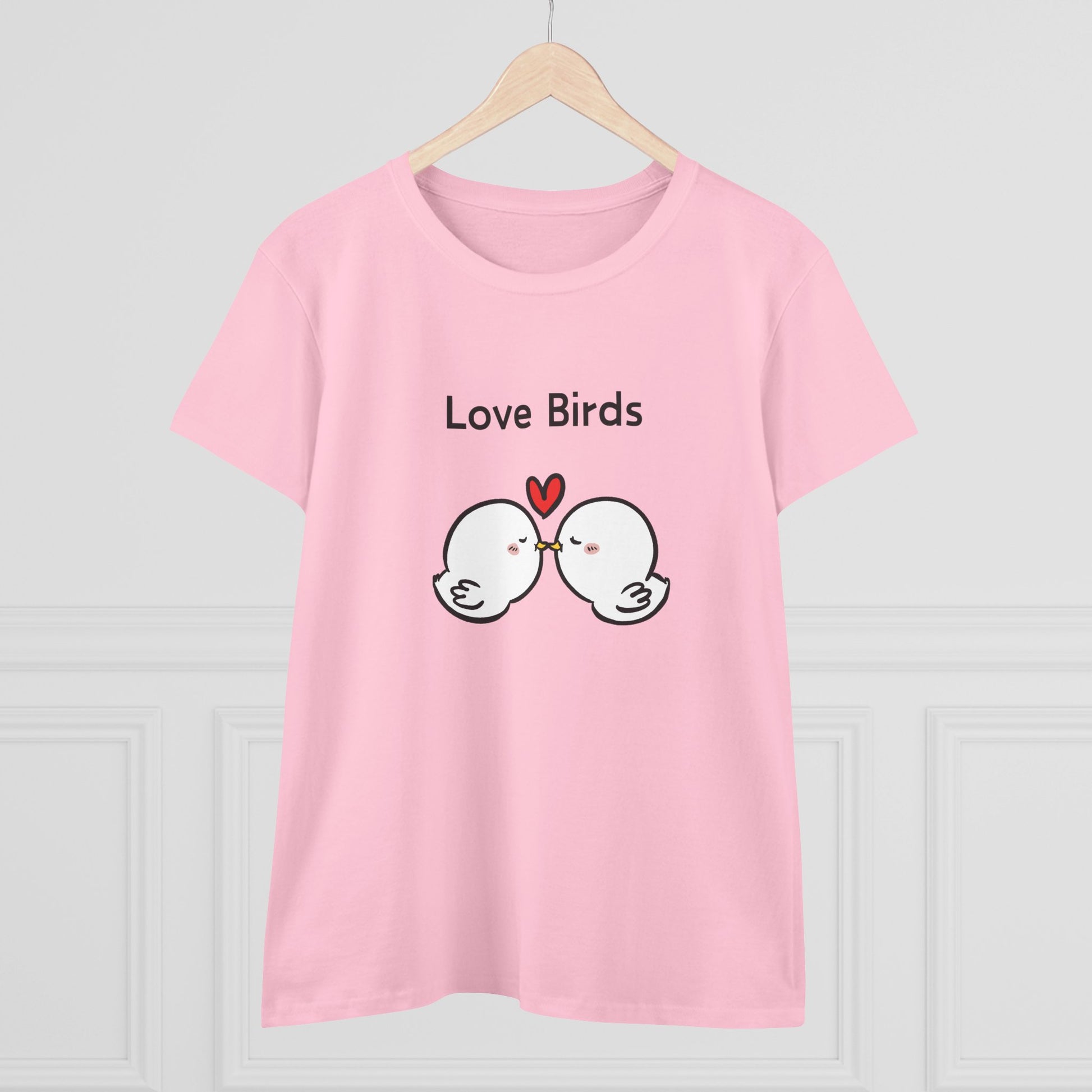 Pink Printify white canary love birds tee women with cute bird design and love text