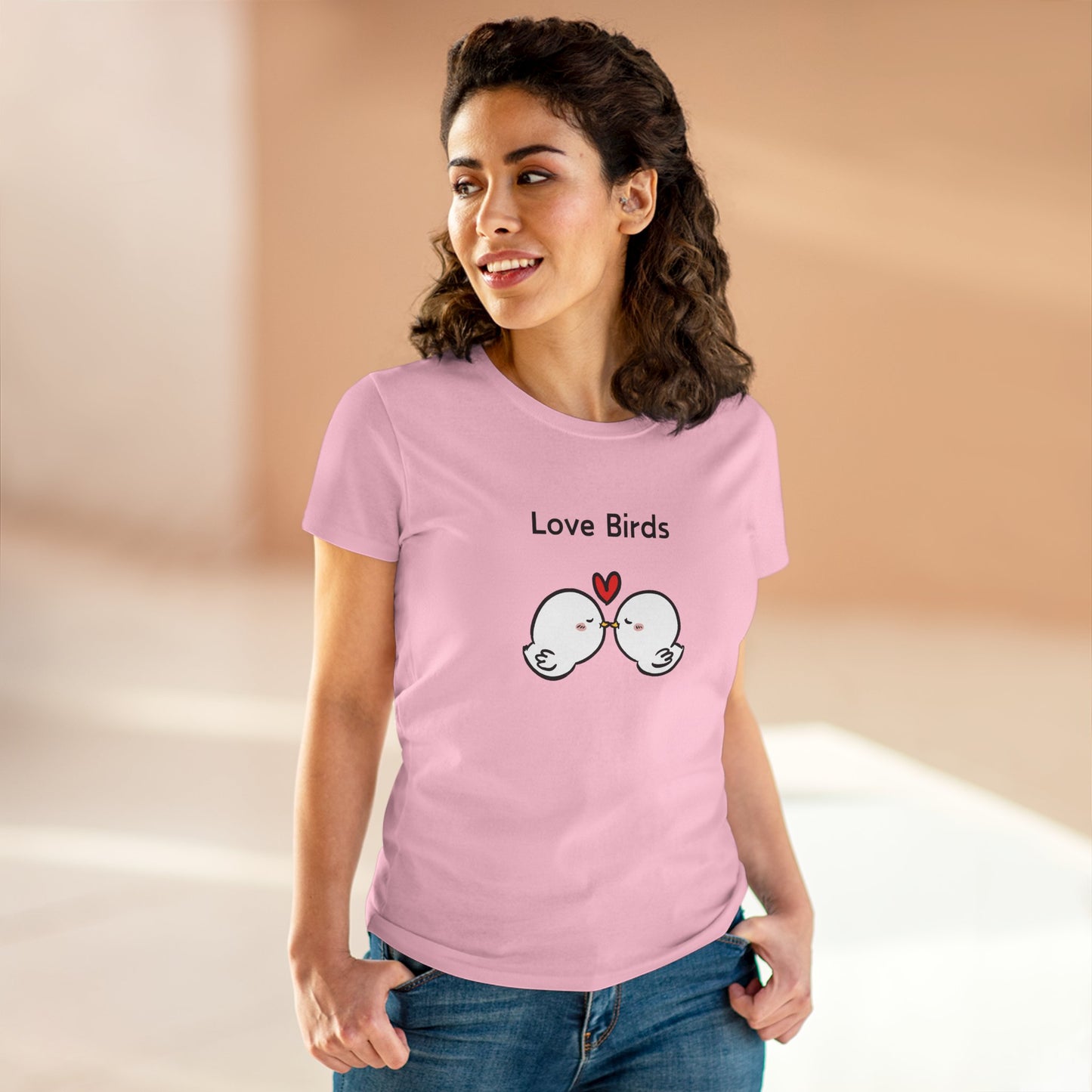 White canary love birds tee women pink t-shirt by Printify with cartoon love birds design
