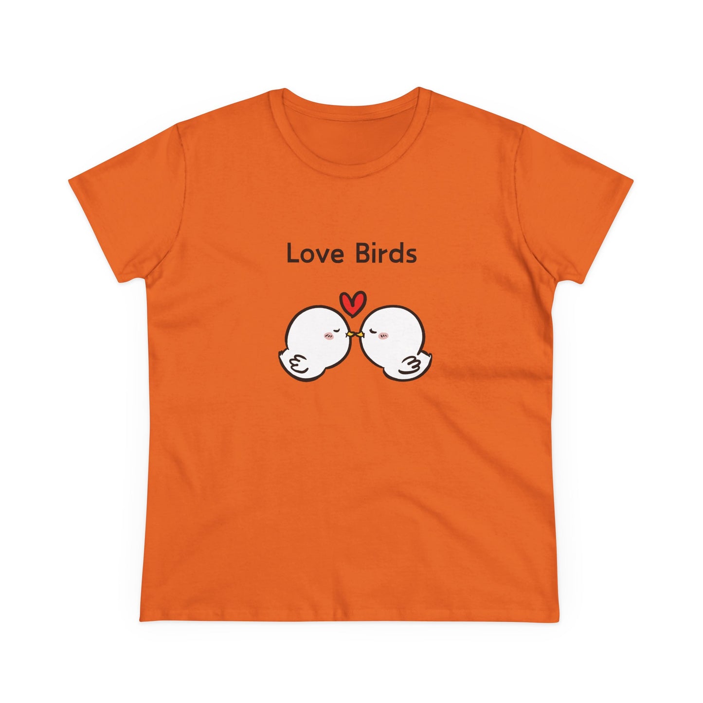 Orange Printify t-shirt with white canary love birds tee women graphic and love birds text