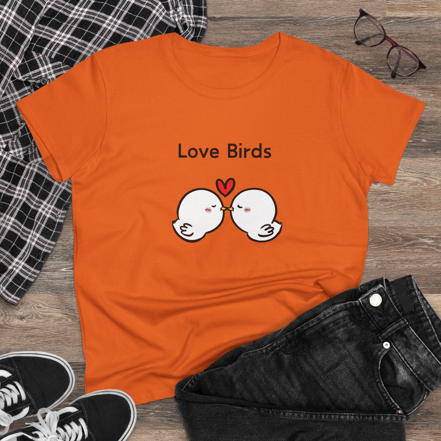 Printify orange T-shirt featuring white canary love birds tee women design with heart graphic