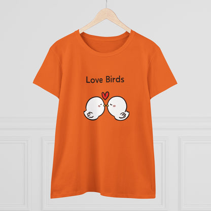 Orange Printify t-shirt with cartoon white canary love birds tee women design and love birds text