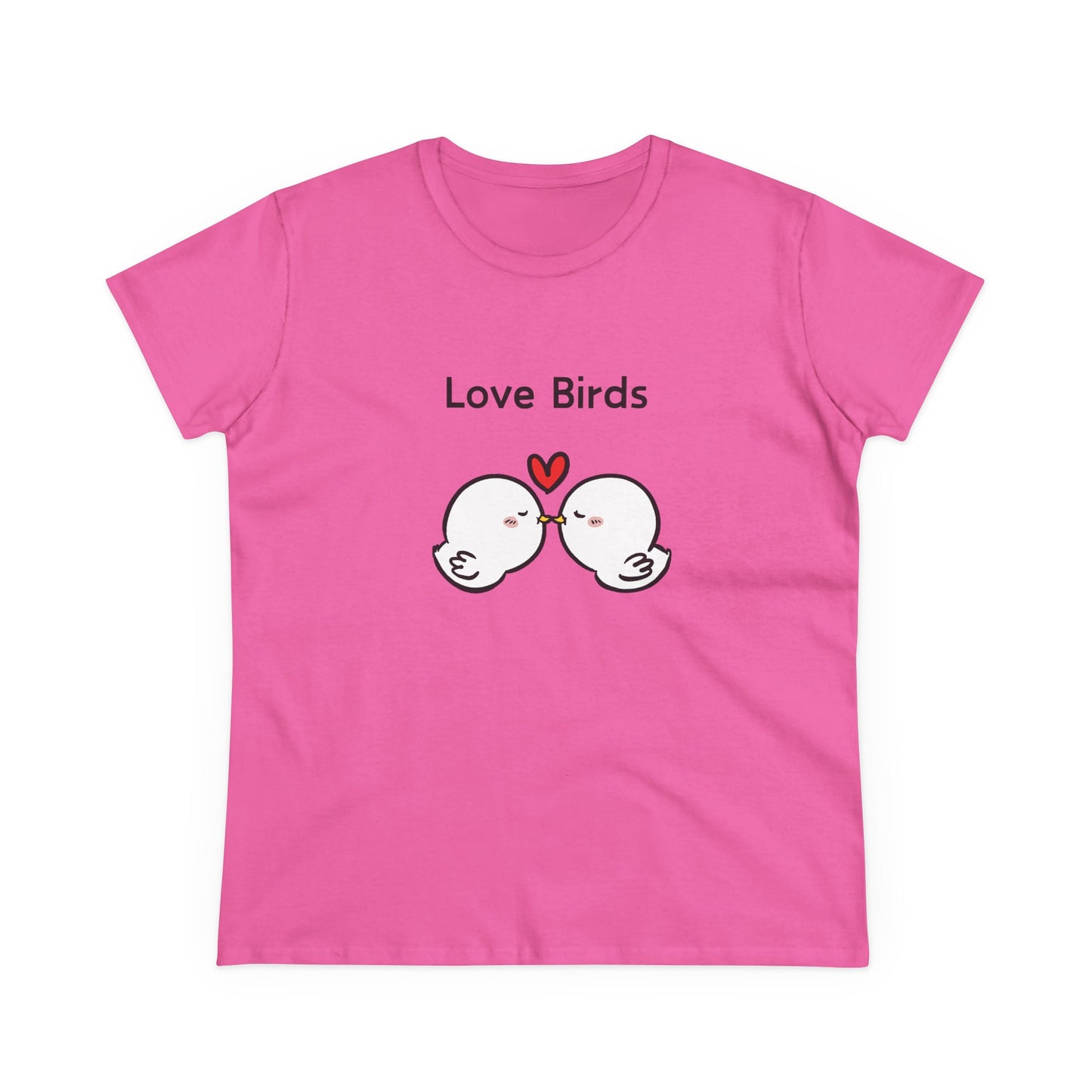Pink Printify white canary love birds tee women with cute cartoon love birds and heart graphic