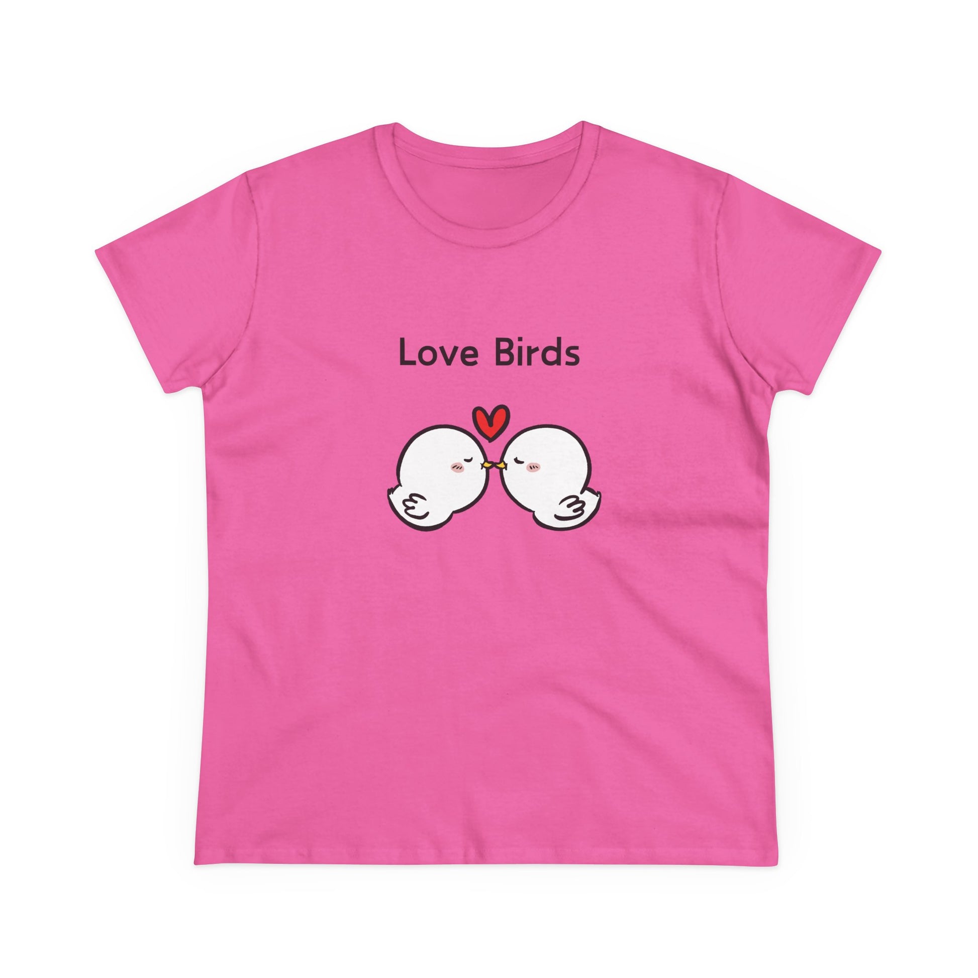Pink Printify white canary love birds tee women with cute cartoon love birds and heart graphic