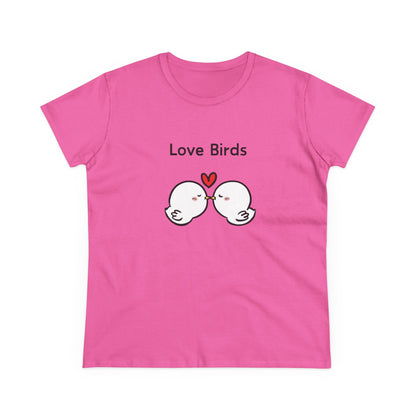 Pink Printify white canary love birds tee women with cute cartoon love birds and heart graphic