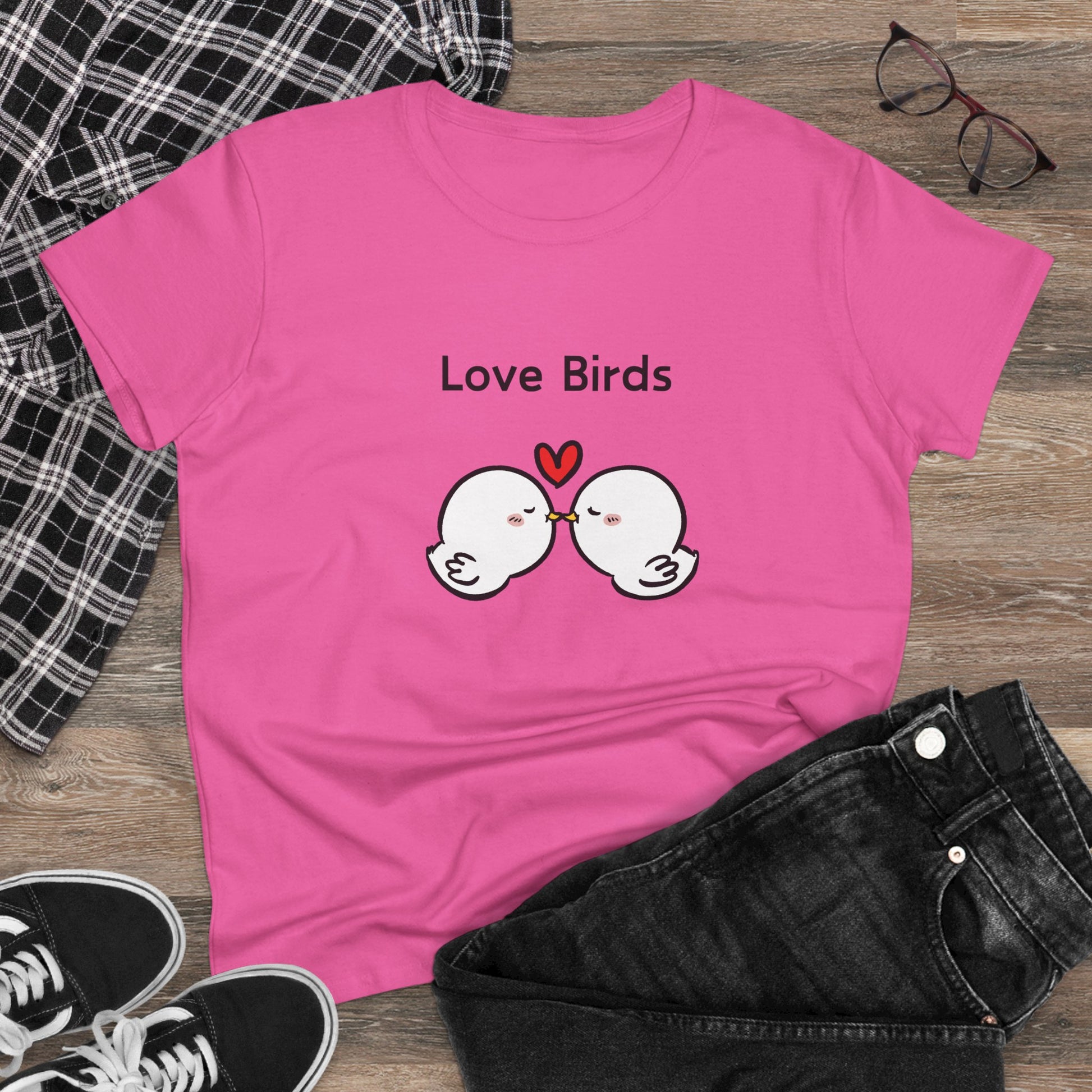 Pink Printify white canary love birds tee women with cartoon birds and heart graphic
