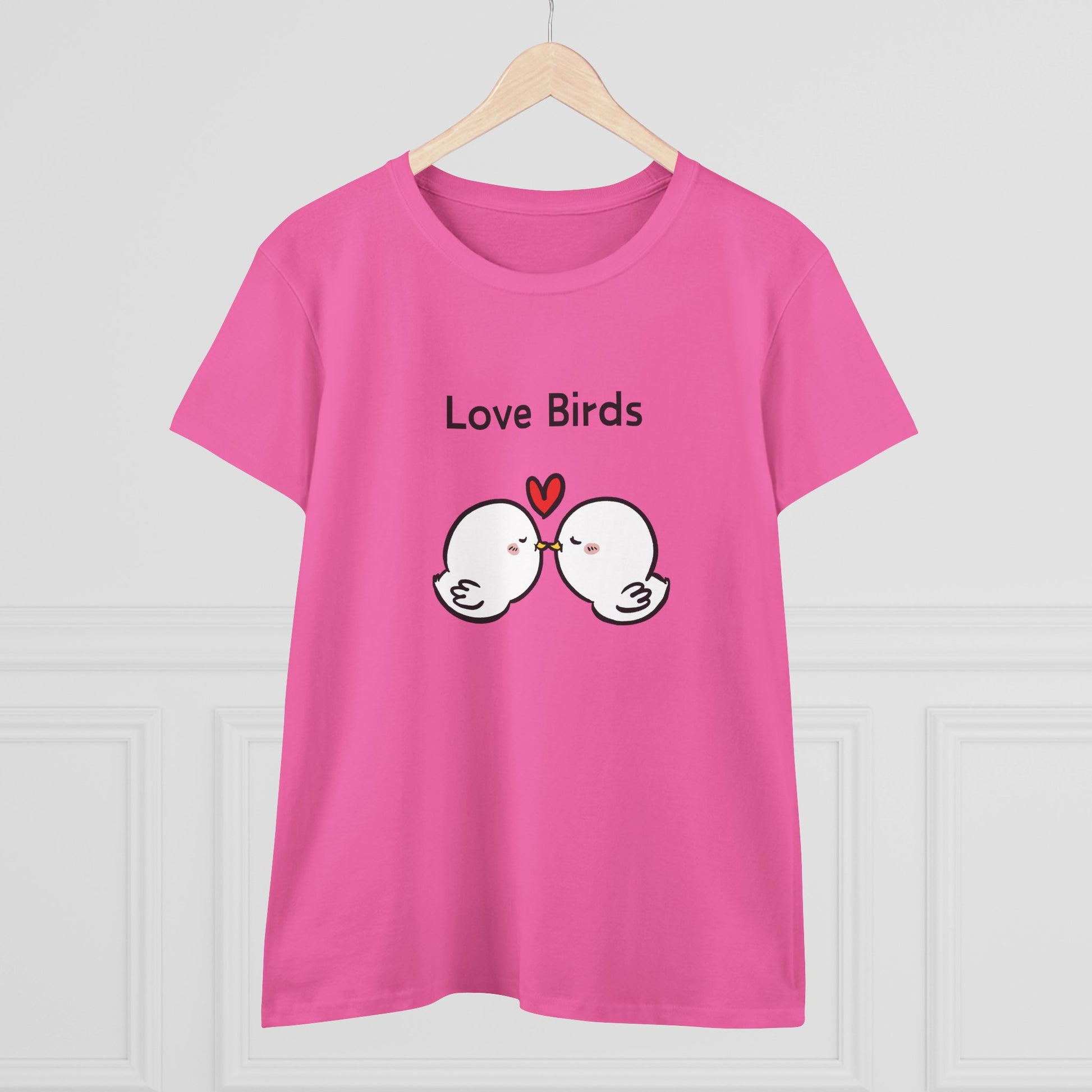 Pink Printify white canary love birds tee women with cute kissing bird design and love text