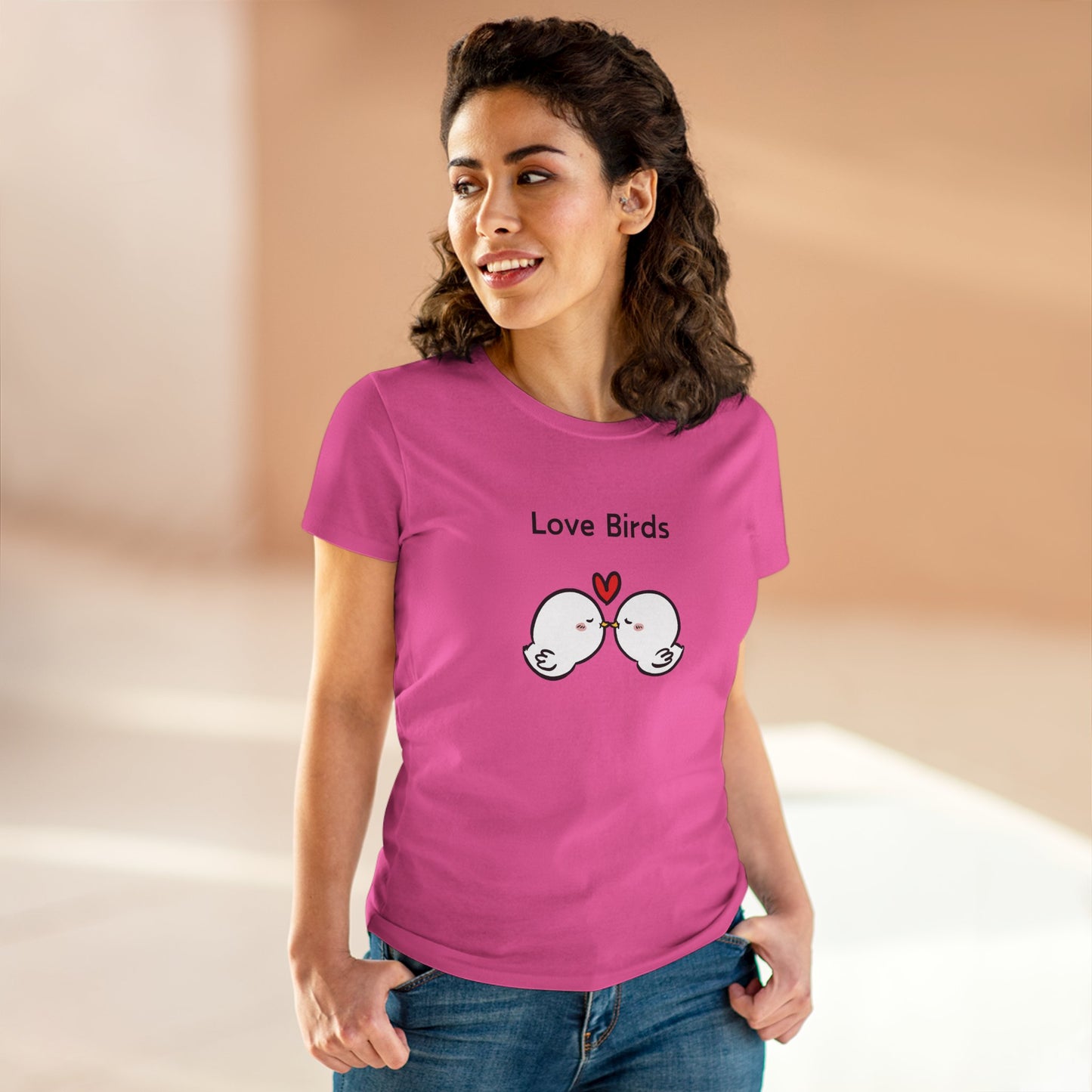 Printify pink t-shirt featuring white canary love birds tee women design with two kissing birds and heart