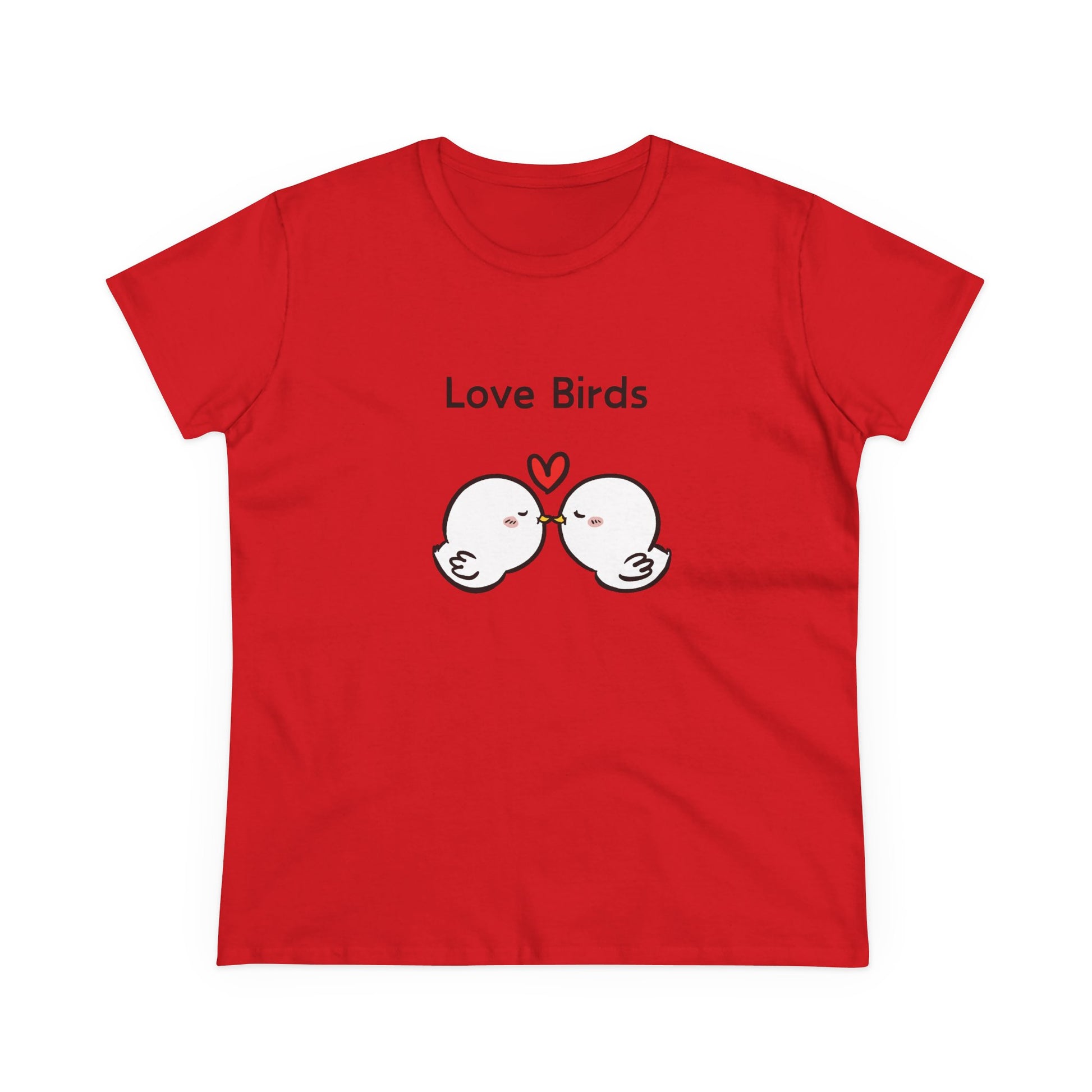Red T-shirt featuring white canary love birds tee women graphic with two kissing love birds and heart