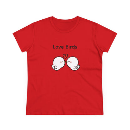 Red T-shirt featuring white canary love birds tee women graphic with two kissing love birds and heart