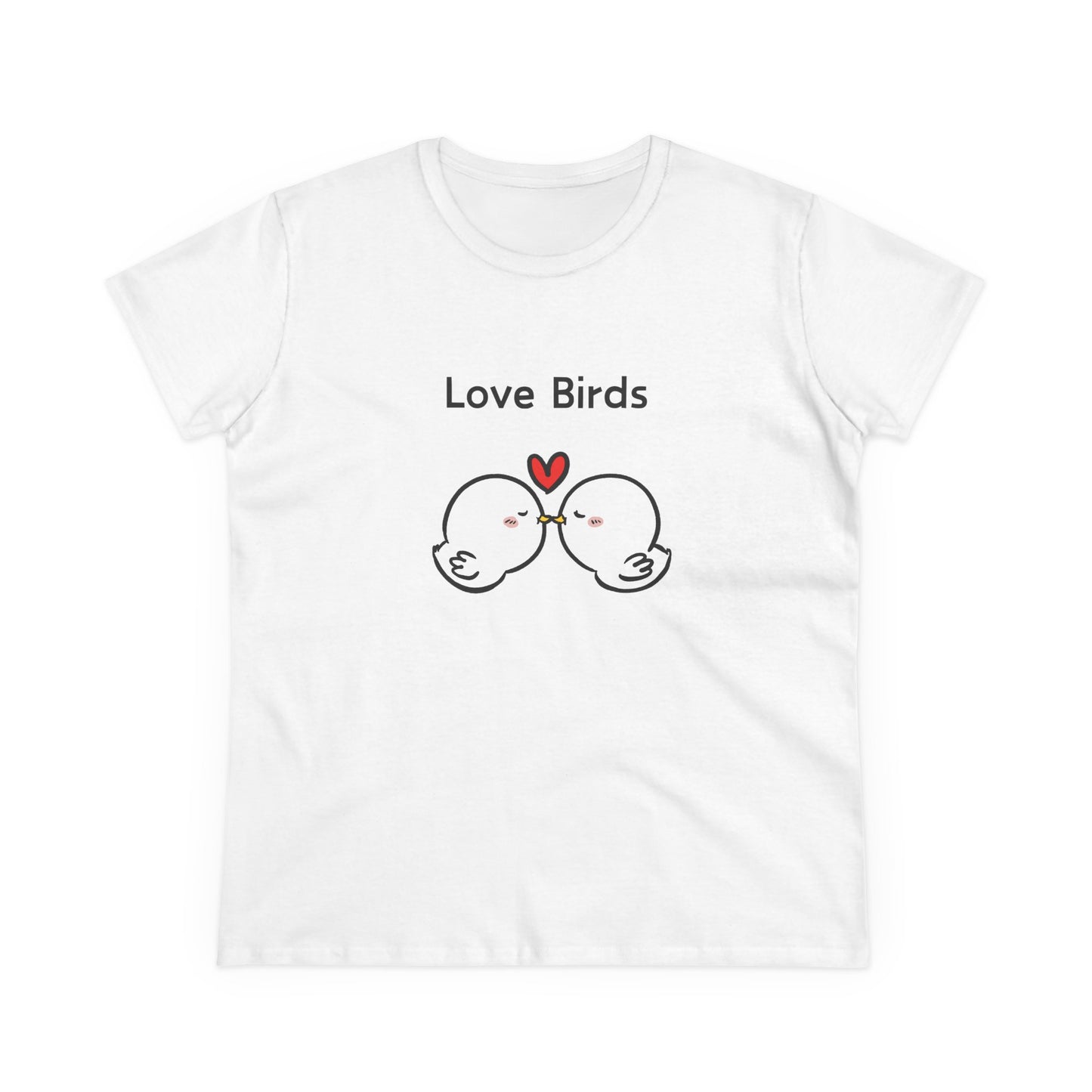 White canary love birds tee women with cute kissing bird illustration and Love Birds text