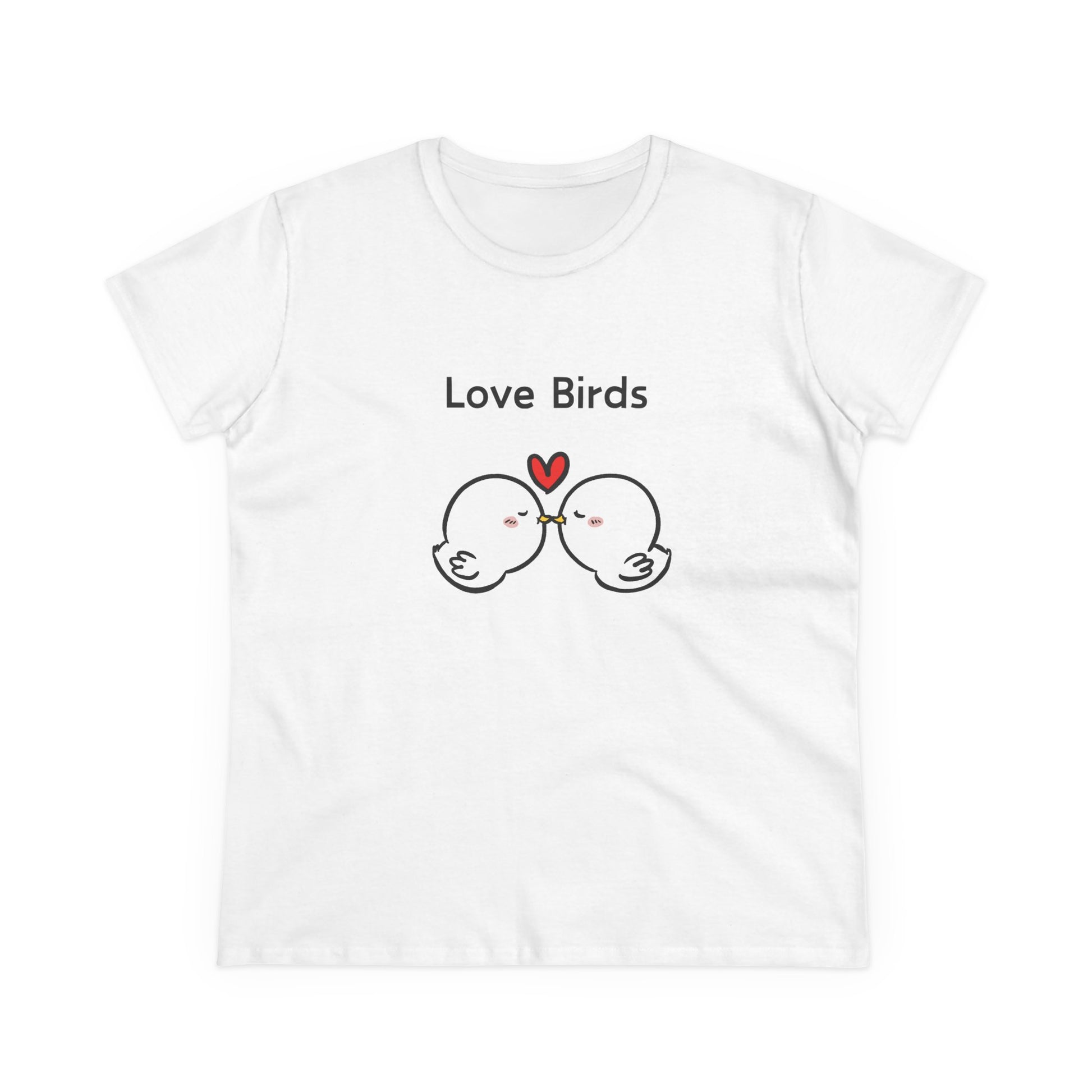 White canary love birds tee women with cute kissing bird illustration and Love Birds text