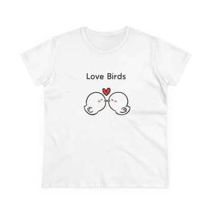 White canary love birds tee women with cute kissing bird illustration and Love Birds text