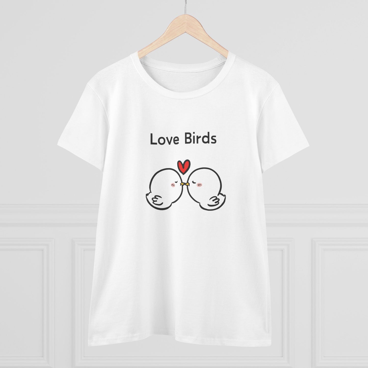 White canary love birds tee women with cute kissing birds and love birds text printed on front