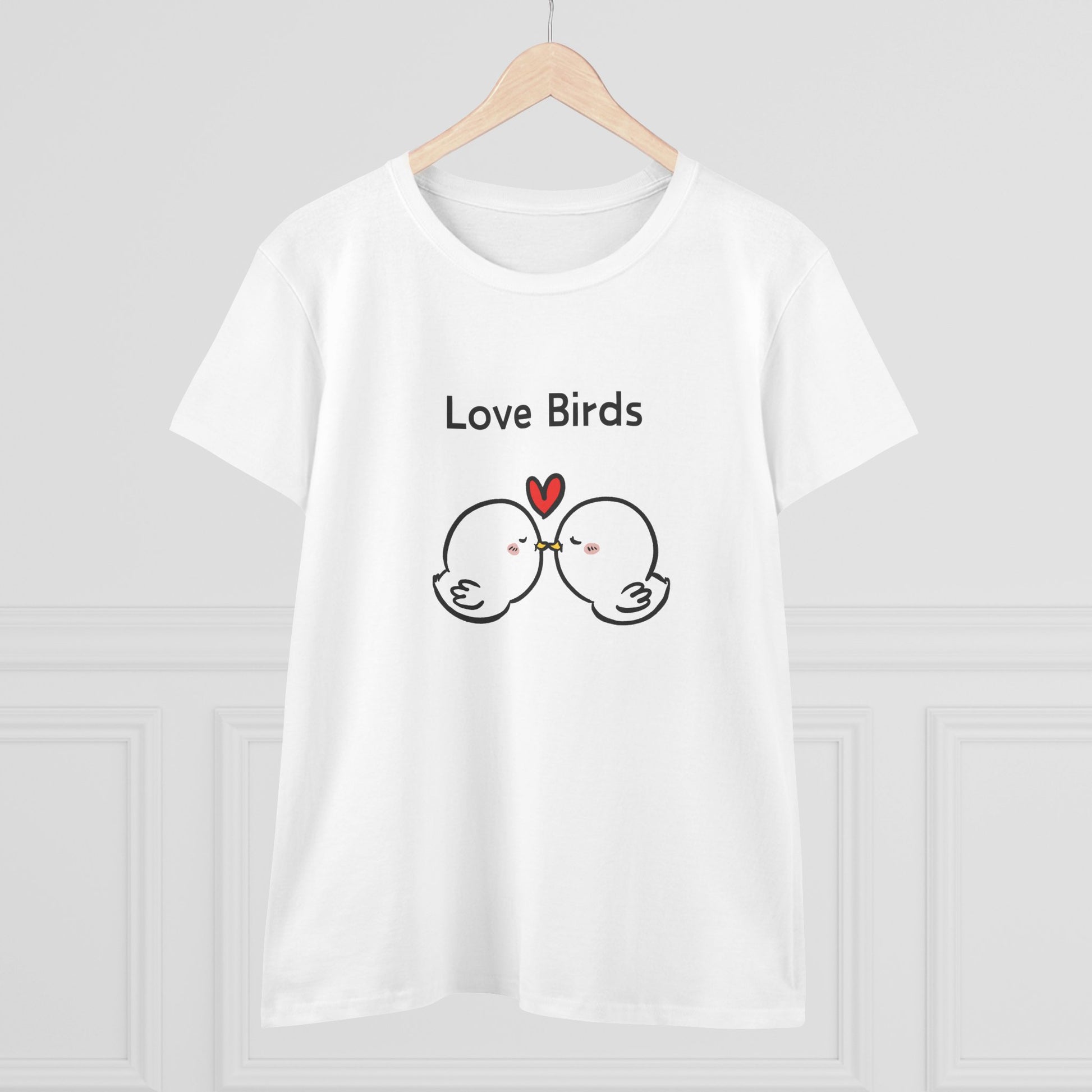 White canary love birds tee women with cute kissing birds and love birds text printed on front