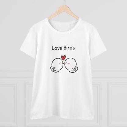 White canary love birds tee women with cute kissing birds and love birds text printed on front