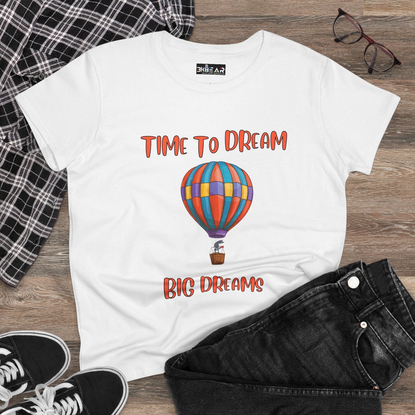 White motivational graphic t-shirt for women with colorful hot air balloon and time to dream text