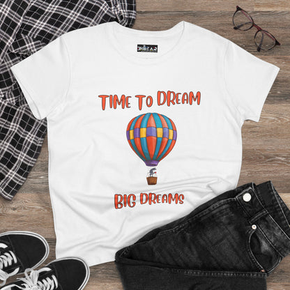 White motivational graphic t-shirt for women with colorful hot air balloon and time to dream text