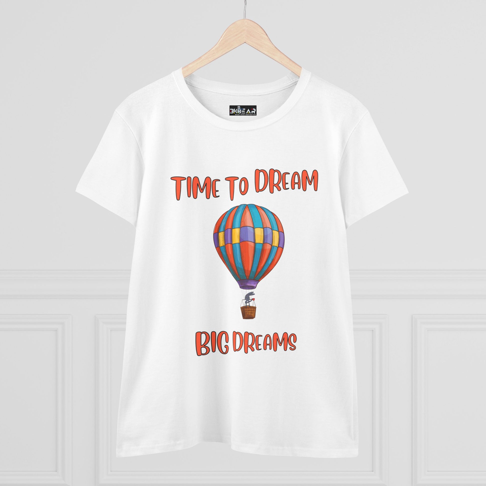 White motivational graphic t-shirt for women with colorful hot air balloon and quote Time to Dream Big Dreams
