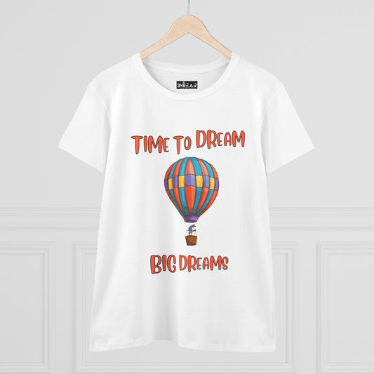 White motivational graphic t-shirt for women with colorful hot air balloon and quote Time to Dream Big Dreams